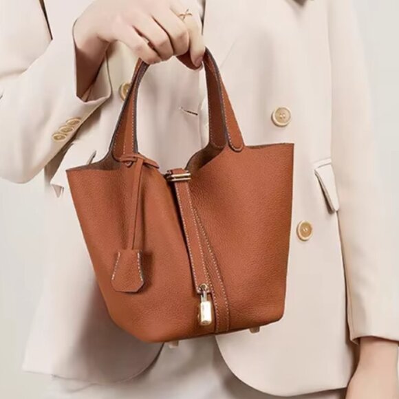 Elegant Genuine Leather Bucket Bag with Lock — 5 Colors Available - Picture 16 of 16